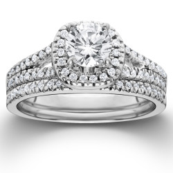 White Gold 1ct TDW Diamond Halo Engagement Wedding Ring Set - Handcrafted By Name My Rings™