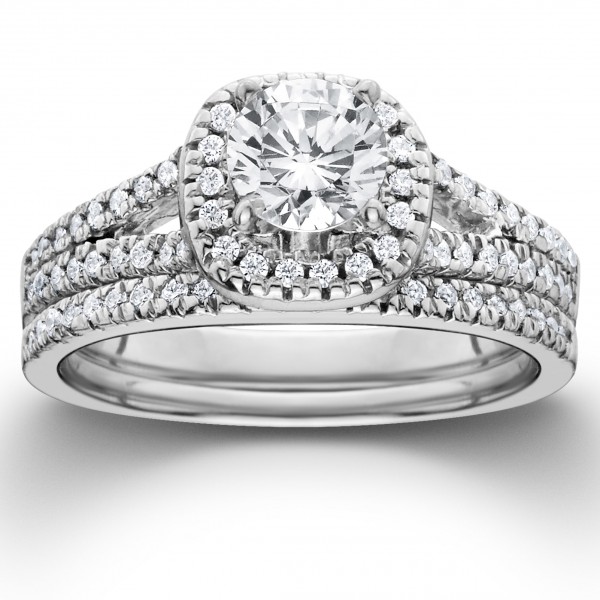 White Gold 1ct TDW Diamond Halo Engagement Wedding Ring Set - Handcrafted By Name My Rings™