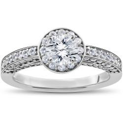 White Gold 1ct TDW Diamond Halo Vintage Heirloom Engagement Ring - Handcrafted By Name My Rings™