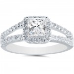 White Gold 1ct TDW Princess Diamond Halo Split Shank Engagement Ring - Handcrafted By Name My Rings™