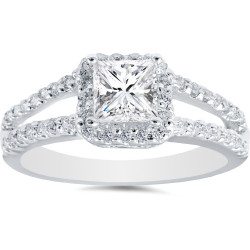 White Gold 1ct TDW Princess Diamond Halo Split Shank Engagement Ring - Handcrafted By Name My Rings™