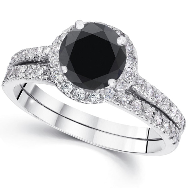 White Gold 2 1/2ct TDW Black Diamond Halo Engagement Wedding Ring Set - Handcrafted By Name My Rings™