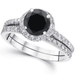 White Gold 2 1/2ct TDW Black Diamond Halo Engagement Wedding Ring Set - Handcrafted By Name My Rings™
