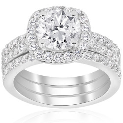 White Gold 2 3/4 ct TDW Cushion Halo Diamond Engagement Clarity Enhanced Trio Wedding Ring Set - Handcrafted By Name My Rings™