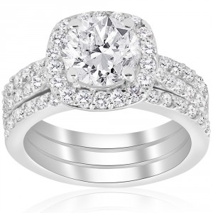 White Gold 2 3/4 ct TDW Cushion Halo Diamond Engagement Clarity Enhanced Trio Wedding Ring Set - Handcrafted By Name My Rings™