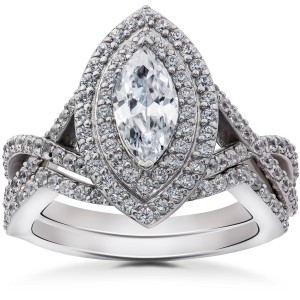 White Gold 2 3/8ct TDW Marquise Enhanced Diamond Engagement Double Halo Matching Wedding Ring Set - Handcrafted By Name My Rings™