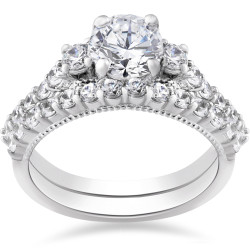 White Gold 2 ct TDW Diamond Clarity Enhanced Vintage Engagement Wedding Ring Set - Handcrafted By Name My Rings™