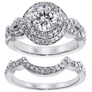 White Gold 2ct TDW Clarity Enhanced Diamond Halo Bridal Ring Set - Handcrafted By Name My Rings™
