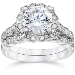 White Gold 2ct TDW Diamond Clarity Enhanced Halo Engagement Wedding 2-piece Ring Set - Handcrafted By Name My Rings™