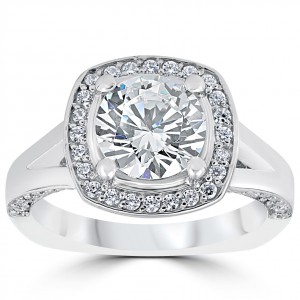 White Gold 3 1/2ct Round Diamond Cushion Halo Clarity Enhanced Split Shank Engagement Ring - Handcrafted By Name My Rings™