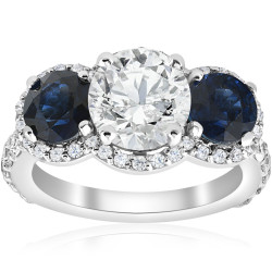 White Gold 3 3/8 ct TW Blue Sapphire & Diamond Clarity Enhanced Three Stone Engagement Ring  - Handcrafted By Name My Rings™