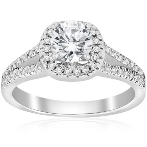 White Gold 3/4 ct TDW Cushin Halo Diamond Split Shank Engagement Ring - Handcrafted By Name My Rings™