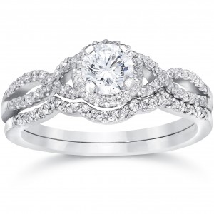 White Gold 3/4ct TDW Diamond Infinity Halo Engagement Wedding Ring Set - Handcrafted By Name My Rings™