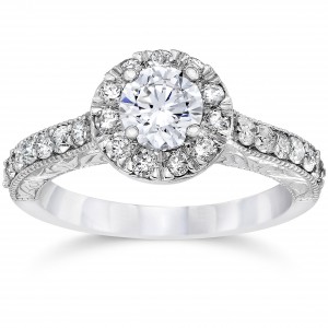 White Gold 3/4ct TDW Halo Round Diamond Vintage Engagement Ring - Handcrafted By Name My Rings™