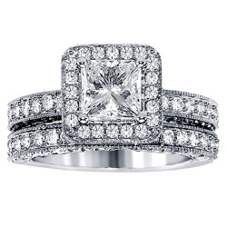 White Gold 3ct TDW Halo Diamond Bridal Ring Set - Handcrafted By Name My Rings™