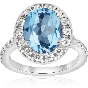 White Gold 4 cttw Blue Topaz Diamond Halo Vintage Ring Engagement - Handcrafted By Name My Rings™