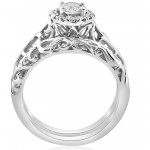 White Gold 5/8ct TDW Diamond Halo Engagement Ring Matching Wedding Band Vintage Filigree Set - Handcrafted By Name My Rings™