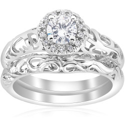 White Gold 5/8ct TDW Diamond Halo Engagement Ring Matching Wedding Band Vintage Filigree Set - Handcrafted By Name My Rings™