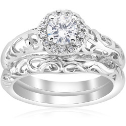 White Gold 5/8ct TDW Diamond Halo Engagement Ring Matching Wedding Band Vintage Filigree Set - Handcrafted By Name My Rings™
