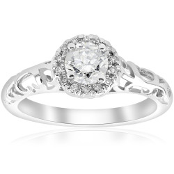 White Gold 5/8ct TDW Diamond Vintage Halo Filigree Engagement Ring - Handcrafted By Name My Rings™