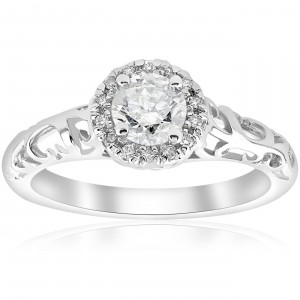 White Gold 5/8ct TDW Diamond Vintage Halo Filigree Engagement Ring - Handcrafted By Name My Rings™
