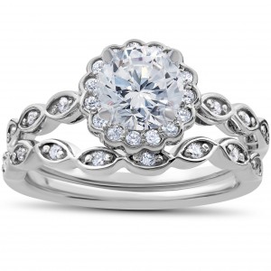 White Gold 7/8 ct TDW Vintage Halo Diamond Engagement Ring & Matching Wedding Band Set - Handcrafted By Name My Rings™