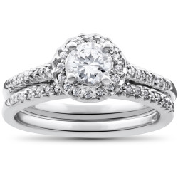 White Gold 7/8ct Round Halo Diamond Engagement Matching Wedding Ring Set - Handcrafted By Name My Rings™