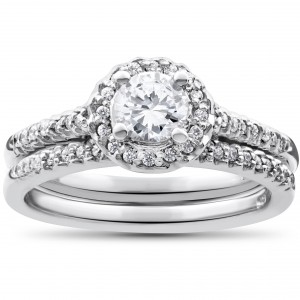 White Gold 7/8ct Round Halo Diamond Engagement Matching Wedding Ring Set - Handcrafted By Name My Rings™