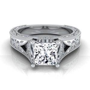 White Gold IGI-certified 1ct TDW Princess-cut Antique-inspired Engraved Diamond Engagement Ring - Handcrafted By Name My Rings™