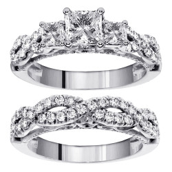 14k/Gold 2ct TDW 3-Stone Princess Cut Diamond Braided Engagement Bridal Ring Set - Handcrafted By Name My Rings™
