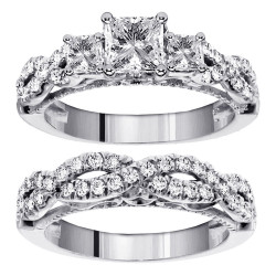 14k/Gold 2ct TDW 3-Stone Princess Cut Diamond Braided Engagement Bridal Ring Set - Handcrafted By Name My Rings™