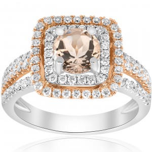 Rose & White Gold 1.73 ct TW Diamond & Morganite Double Cushion Halo Two Tone Engagement Ring - Handcrafted By Name My Rings™