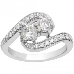 1ct Two Diamond Plus Milgrain Prong Pave Ring In White Gold - Handcrafted By Name My Rings™