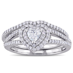 3/4ct TDW Blue and White Diamond Halo Split Shank Bridal Ring Set in White Gold by The Signature Collection - Handcrafted By Name My Rings™