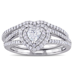 3/4ct TDW Blue and White Diamond Halo Split Shank Bridal Ring Set in White Gold by The Signature Collection - Handcrafted By Name My Rings™