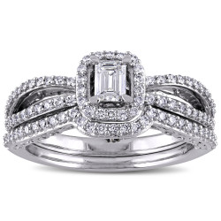 3/4ct TDW Blue and White Diamond Halo Split Shank Bridal Set in White Gold by The Signature Collection - Handcrafted By Name My Rings™