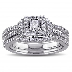 3/4ct TDW Princess and Round-Cut Halo Diamond Bridal Ring Set in White Gold by The Signature Collection - Handcrafted By Name My Rings™