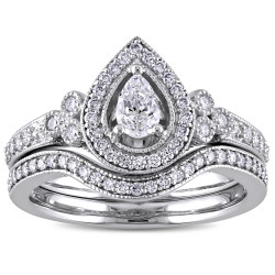 5/8ct TDW Pear and Round-Cut Diamond Halo Bridal Ring Set in White Gold by The Signature Collection - Handcrafted By Name My Rings™