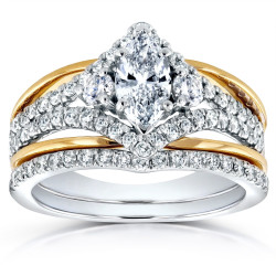 2-tone Gold 1 1/5ct TDW Marquise Diamond Art Deco Bridal Ring Set - Handcrafted By Name My Rings™
