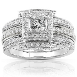 White Gold 1 1/2ct TDW Diamond Princess Halo Bridal Ring Set - Handcrafted By Name My Rings™