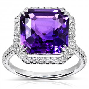 White Gold 6 1/10ct TCW Amethyst and Halo Diamond Ring - Handcrafted By Name My Rings™