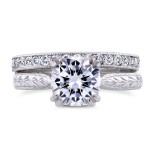 Gold 1 1/10ct Cushion Brilliant Moissanite and 1/3ct TDW Diamond Antique Cathedral Bridal Set - Handcrafted By Name My Rings™