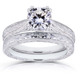 Gold 1 1/10ct Cushion Brilliant Moissanite and Diamond Accent Antique Cathedral Bridal Set - Handcrafted By Name My Rings™