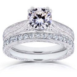 Gold 1 1/10ct Cushion Moissanite and 1/3ct TDW Diamond Antique Cathedral Bridal Set - Handcrafted By Name My Rings™