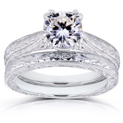 Gold 1 1/10ct Cushion Moissanite and Diamond Accent Antique Cathedral Bridal Set - Handcrafted By Name My Rings™