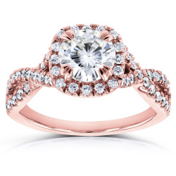 Gold 1 1/2ct Round Moissanite and Diamond Halo Twist Shank Engagement Ring - Handcrafted By Name My Rings™