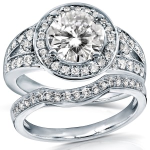 Gold 1 1/2ct TCW Round Moissanite and 1/2ct TDW Diamond Halo Bridal Ring 2-Pi - Handcrafted By Name My Rings™