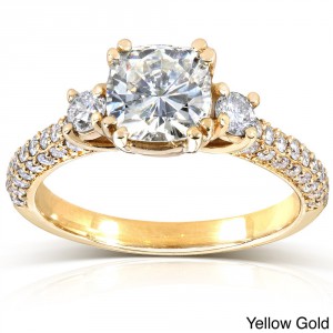 Gold 1 1/2ct TGW Cushion-cut Moissanite and Diamond 3-Stone Pave Engagement Ring - Handcrafted By Name My Rings™