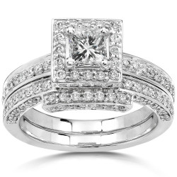 Gold 1 1/4ct TDW Diamond Halo Bridal Ring Set - Handcrafted By Name My Rings™