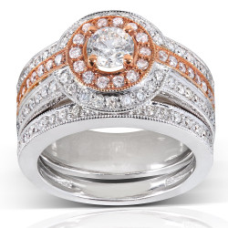 Gold 1 1/4ct TDW Rose Accent Halo Diamond Bridal Set - Handcrafted By Name My Rings™